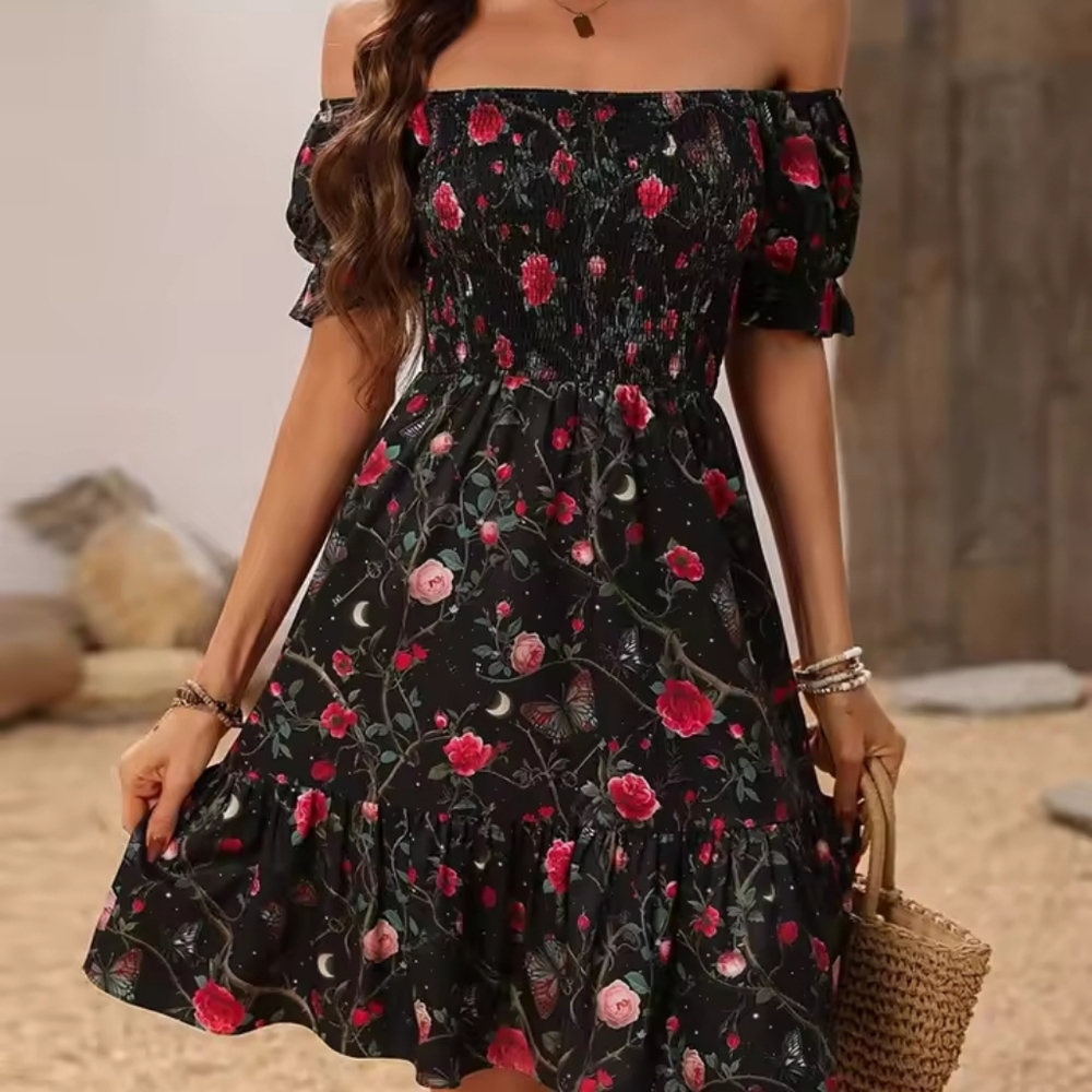 Floral Off-Shoulder Black Dress
